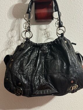 Bolzano Fiore Italian designer black Ruched Leather Shoulder Bag with Logo Rings